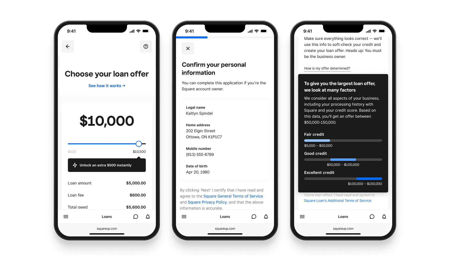 Square Loans — product interface overview