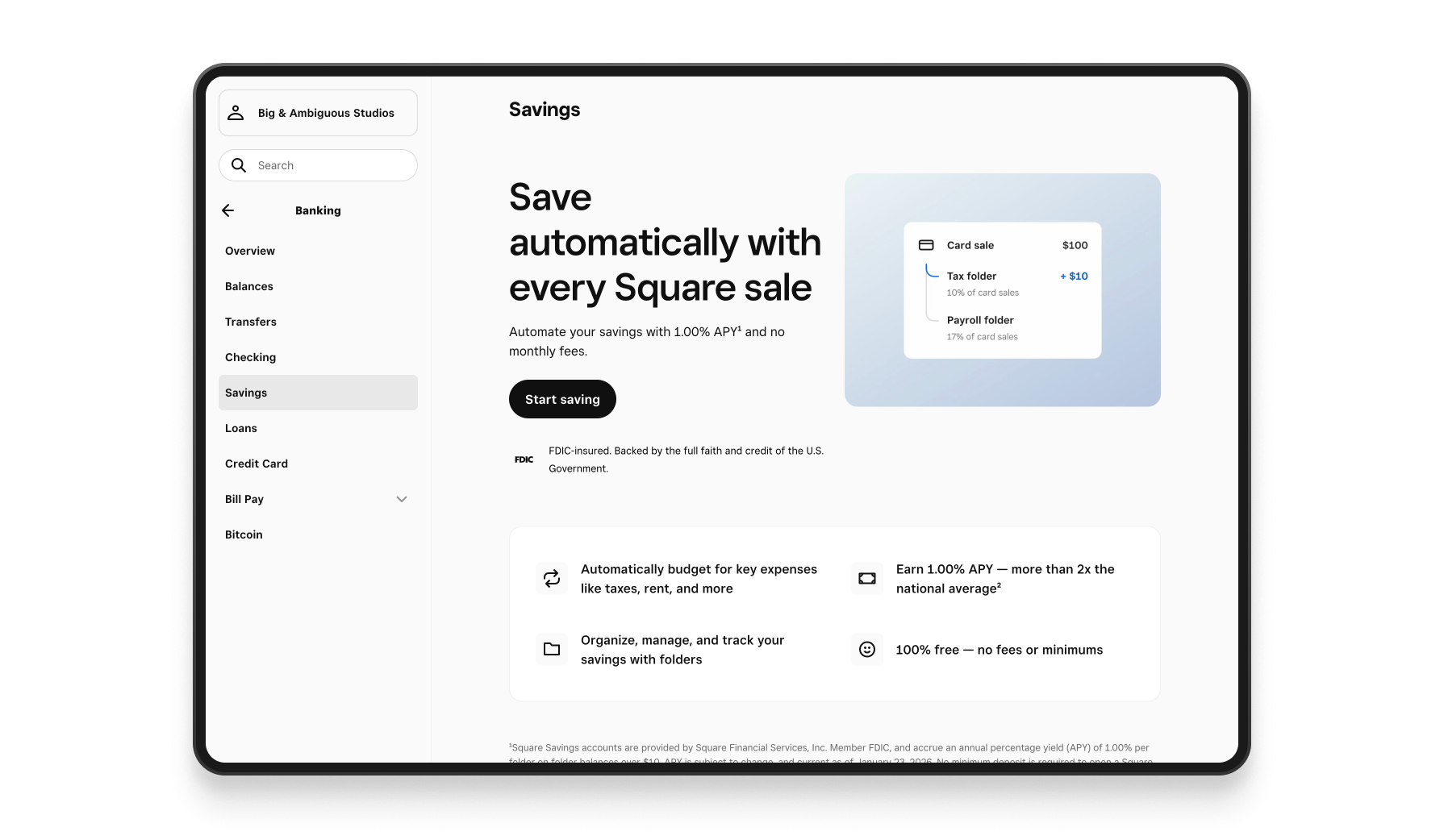 Square Savings — product interface overview